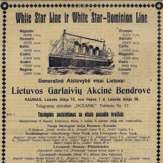 1922 - Iškeliavimas iš Kauno kiekvieną dieną / „White Star Line“ ir „White Star - Dominion Line“