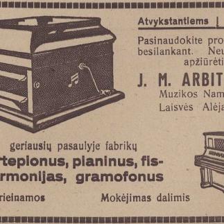 1928 - Geriausių pasaulyje fabrikų fortepionai, pianinai, fisharmonijos, gramofonai / „J.M. Arbitblato“ muzikos namai