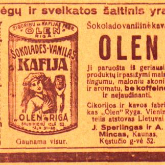 1929 - Jėgų ir sveikatos šaltinis yra šokoladinė vanilinė kava „OLEN“