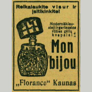 1929 - Moderniškiausieji ir geriausios rūšies gėlių kvepalai „Monbijou“