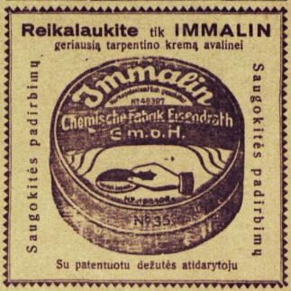 1929 - Reikalaukite tik „IMMALIN“ geriausią terpentino kremą avalinei