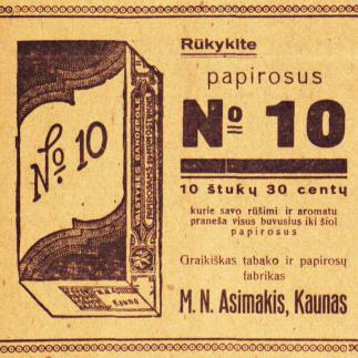 1929 - Rūkykite papirosus „Nr. 10“