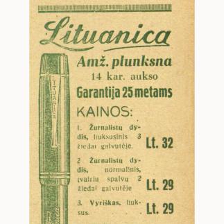 1936 - „Lituanica“  - amžina plunksna / 14 karatų aukso