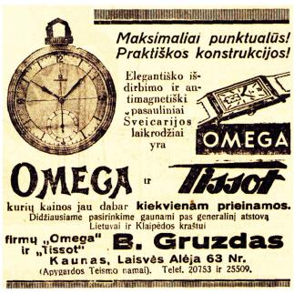 1938 - „OMEGA“ ir „Tissot“ laikrodžiai