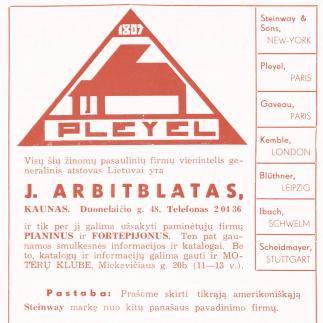 1938 - Pianinų ir fortepijonų generalinis atstovas Lietuvoje - J. Arbitblatas