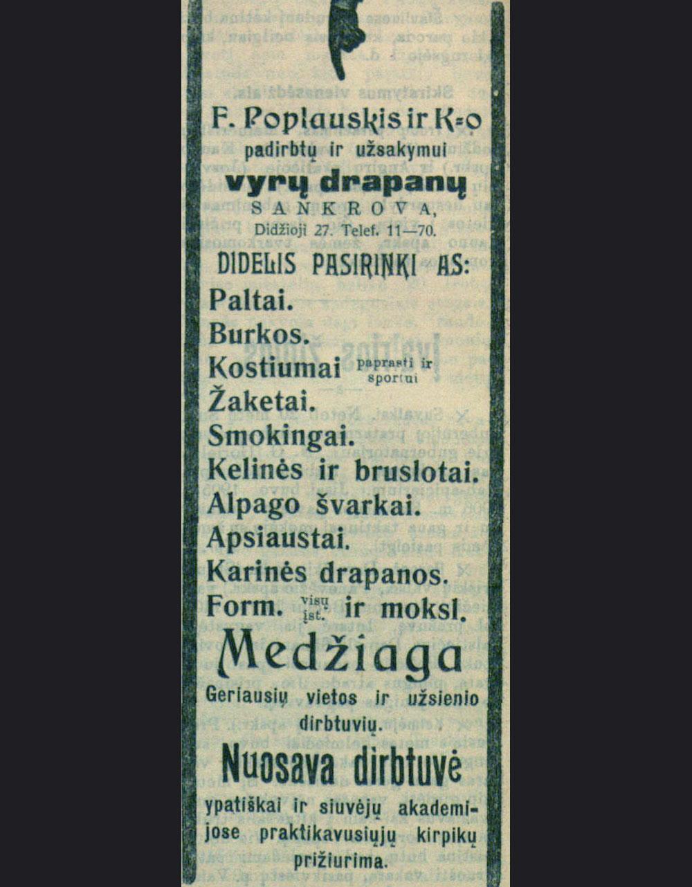 „F. Poplauskis ir Ko“ / Padirbtų ir užsakymui vyrų drapanų sankrova
