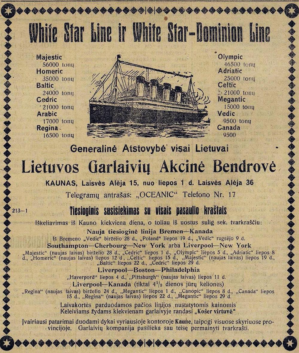 Iškeliavimas iš Kauno kiekvieną dieną / „White Star Line“ ir „White Star - Dominion Line“