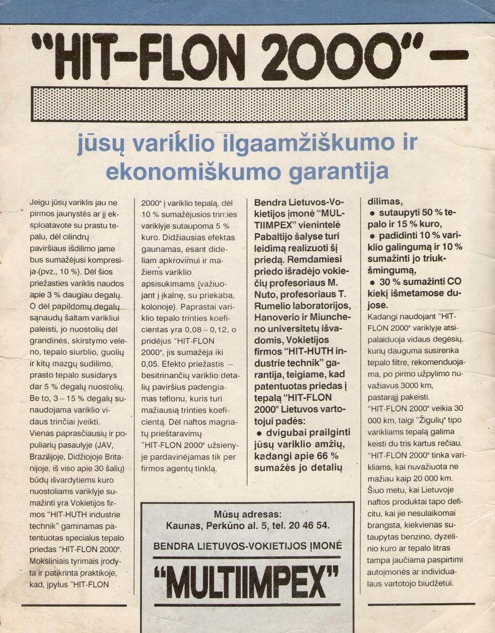 „HIT-FLON 2000“ - jūsų variklio ilgaamžiškumo ir ekonomiškumo garantija