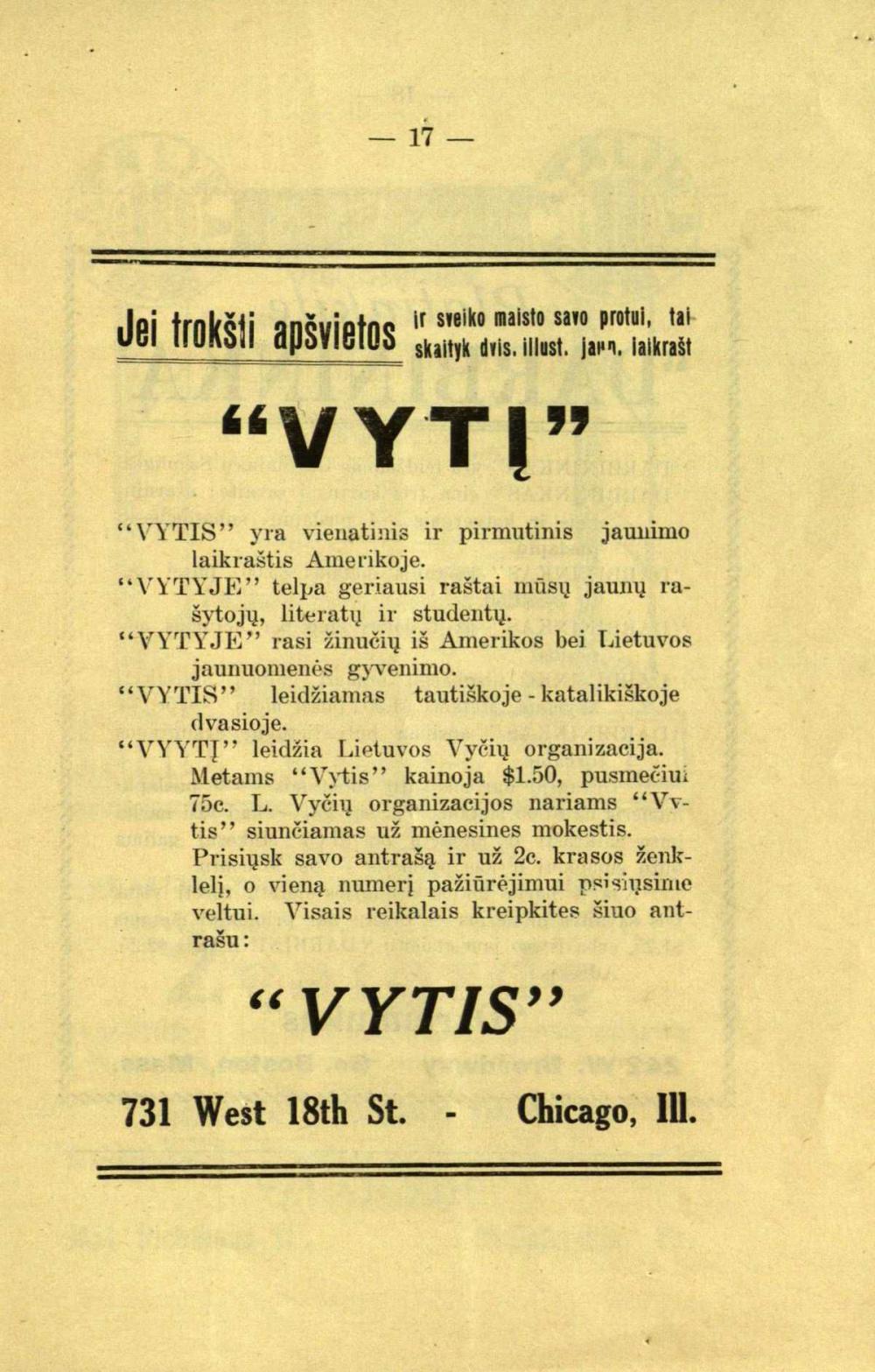 Skaityk laikraštį „Vytis“