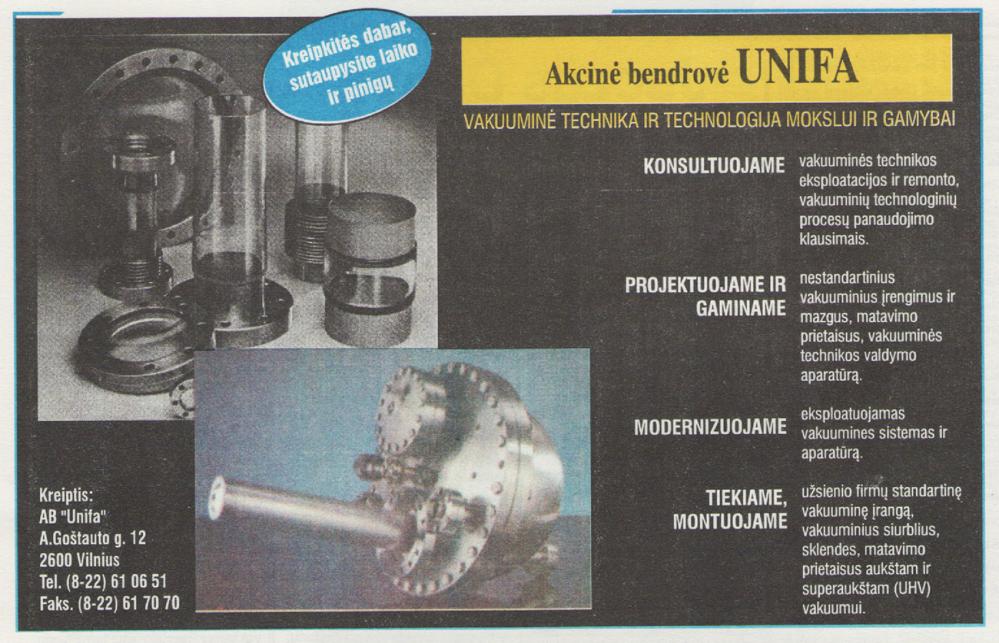 Vakuuminė technika ir technologija mokslui ir gamybai / AB „UNIFA“